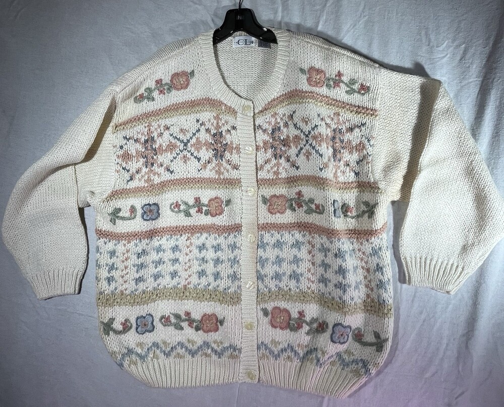 Vintage 80s/90s Grannycore Floral Knit And Beaded Pastel Cardigan Sweater 24W